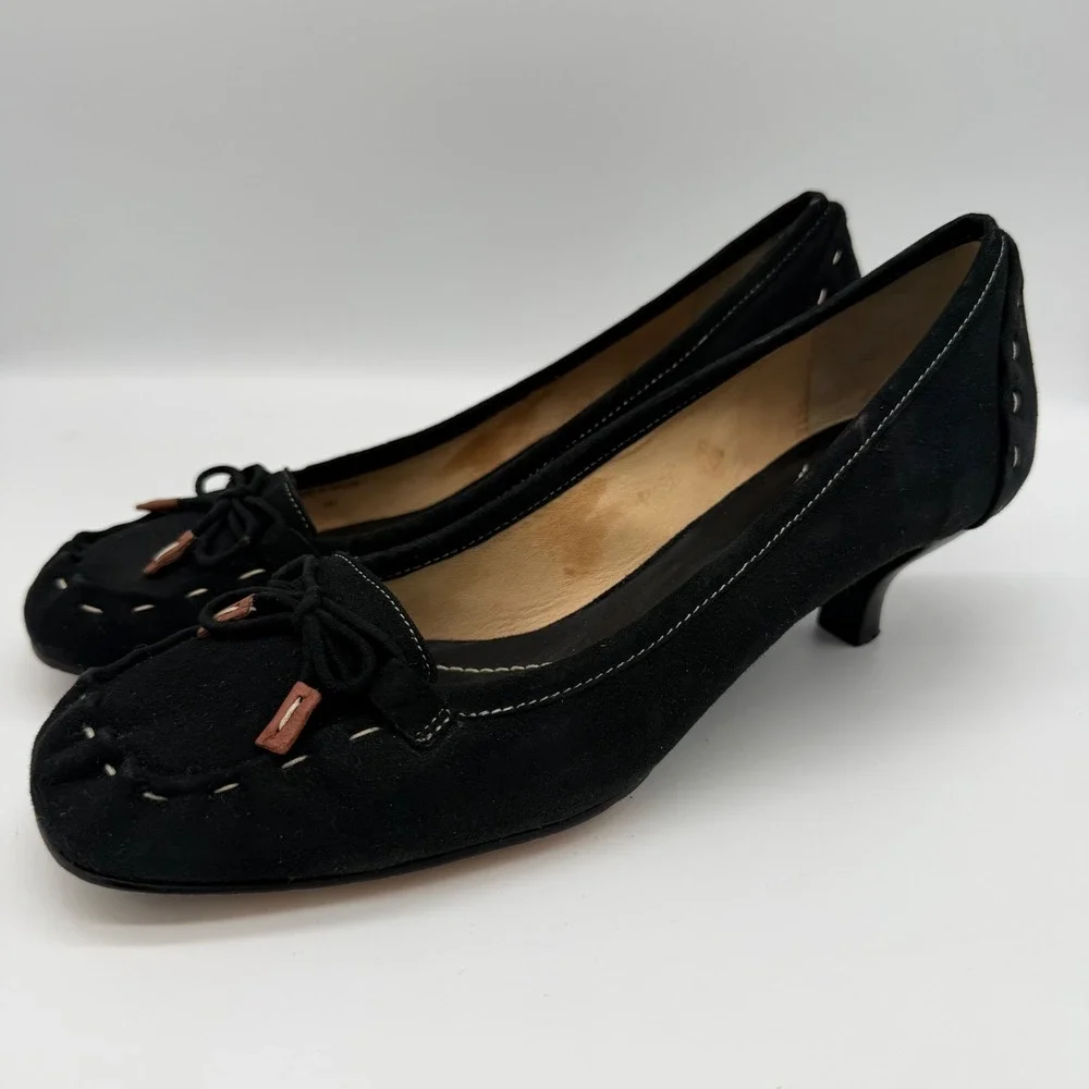 Kate Spade Black Laney Suede Square Toe Kitten Heel Pumps Whipstitch Bow Size 9M